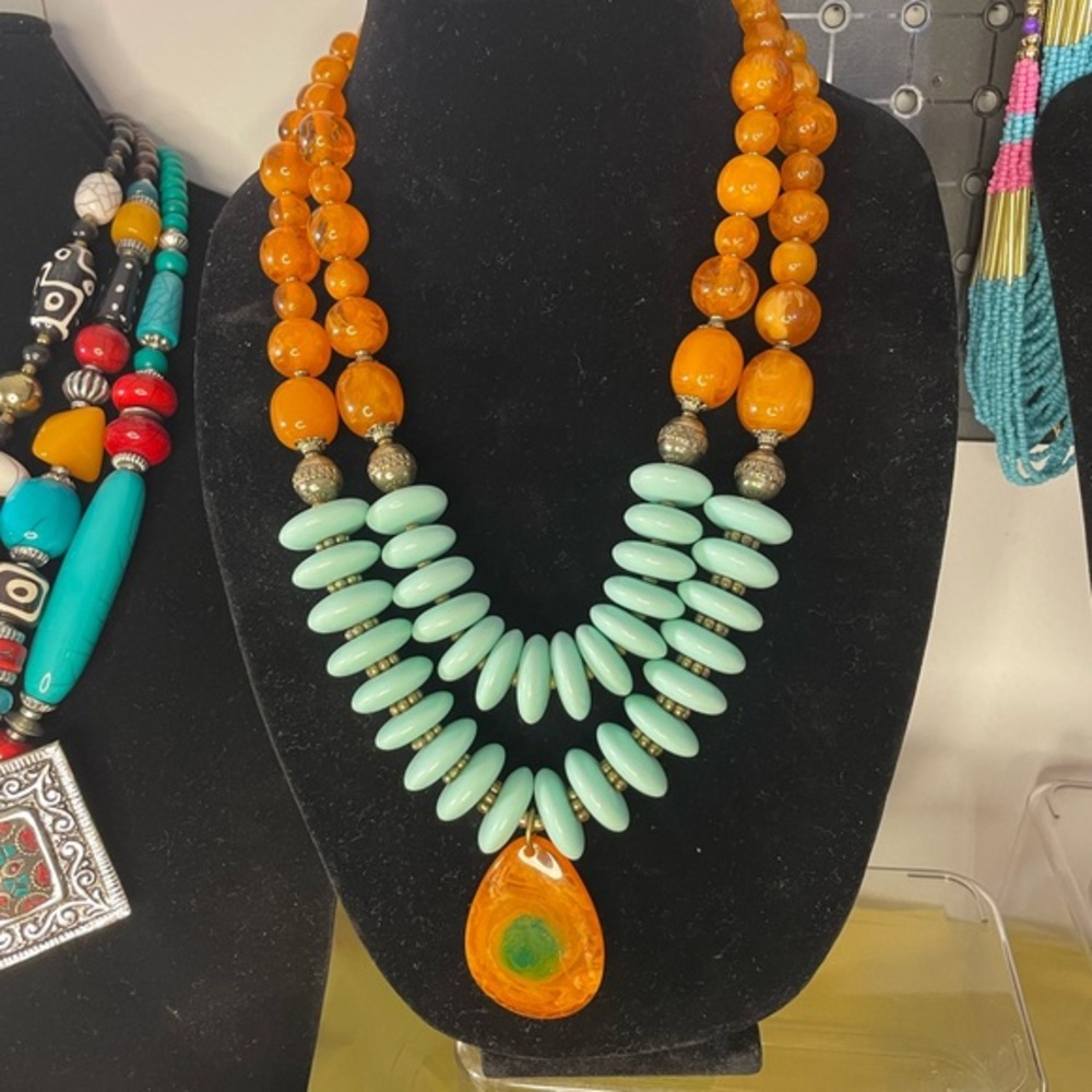 Bold Orange And Green Multi-Stranded Necklace - image 1